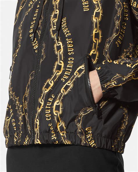 versace jeans windbreaker jacket in black with print panel|Versace Jeans Couture Chain Logo Hooded Windbreaker Jacket .